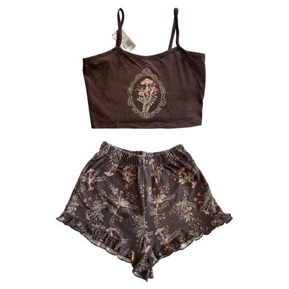 Hot Topic Other - 🍄 Hot Topic Brown Mushroom Flora Tank Top & Ruffled Shorts Lounge Set 🍄